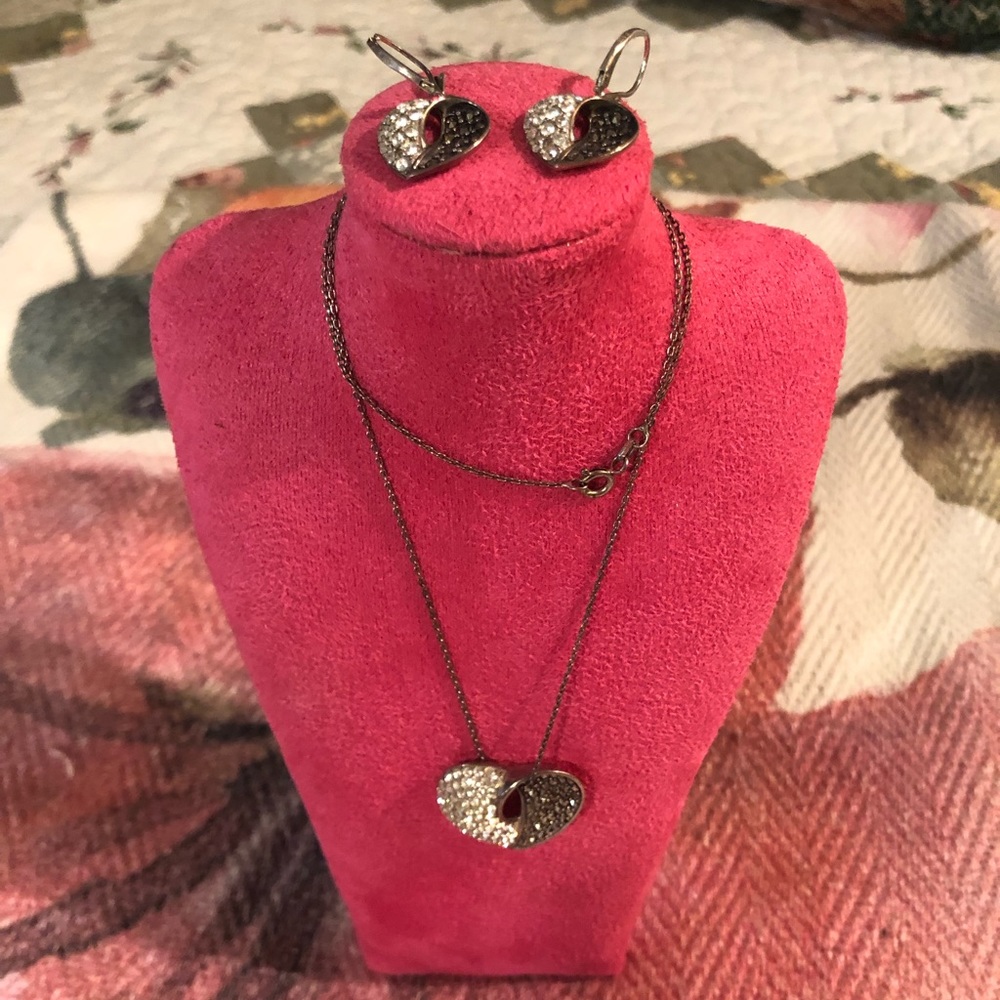 Vintage Sterling Silver Marcasite Heart Necklace & Earrings